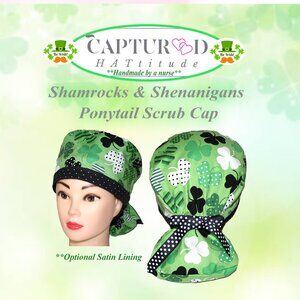 NWOT Womens Scrub Cap Lucky Shamrock Ponytail Surgical Bonnet - Handmade